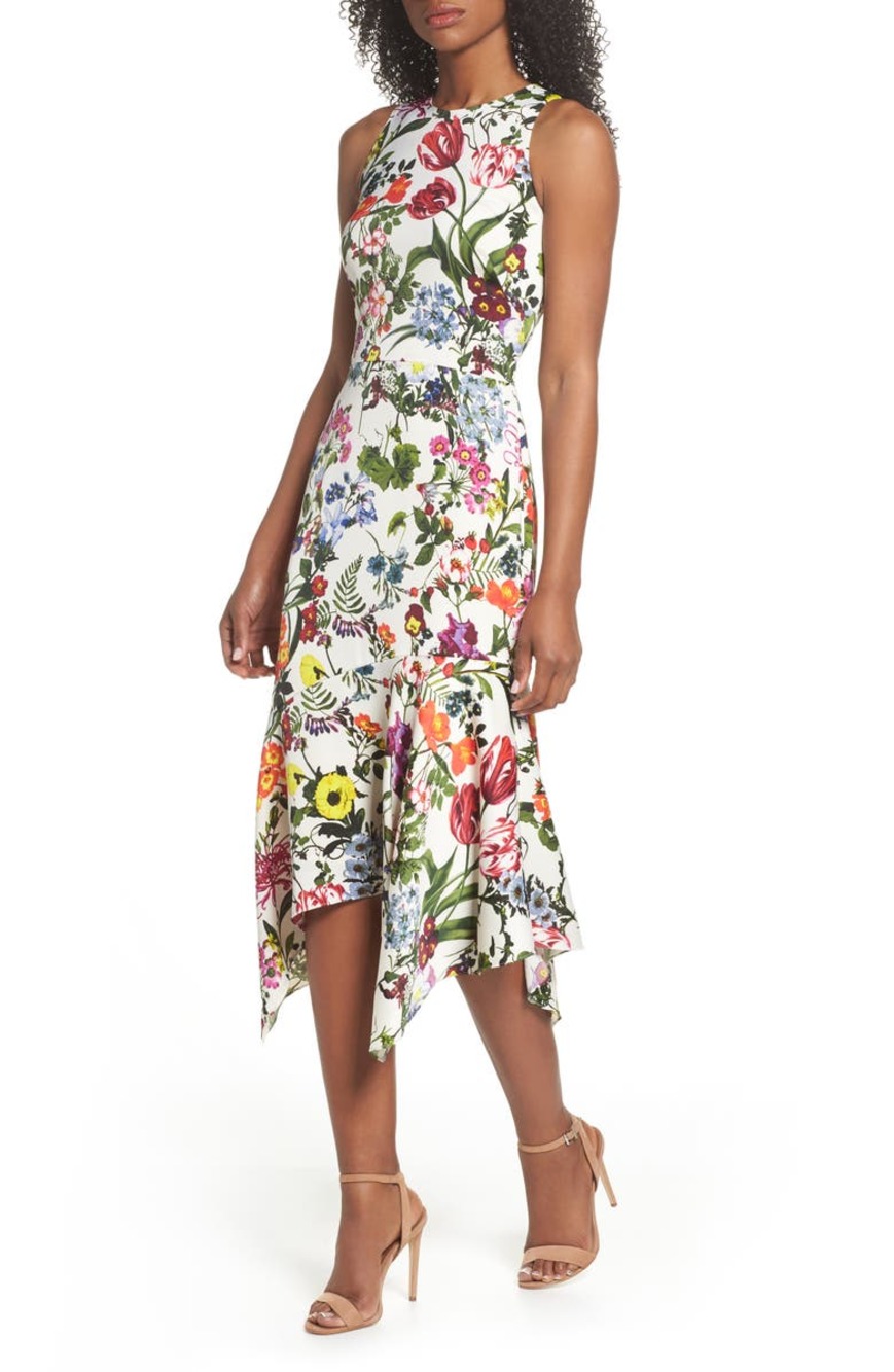 Maggy London Midi Dress Botanical Floral Asymmetrical Boho Preppy White Size 14